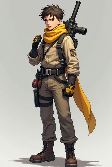 1boy, male focus, solo, gloves, scarf, yellow scarf, crossed arms, boots, belt, realistic, helmet, weapon, smile, full body, standing, black footwear, grey background, pants, clothes writing, energy gun,outdoors