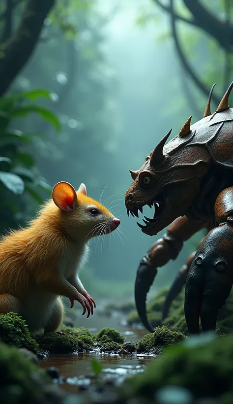 A realistic scene where two animals stand face-to-face, intensely looking at each other. One is a fierce rat with a golden mane, and the other is a massive crab The background is a dense everest water jungle with dim lighting and mist, creating a tense atm...