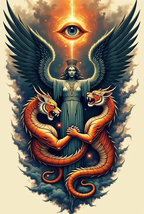 Create a tattoo to do on my leg with dragons and tigers and Greek gods and the eye of the fallen angel