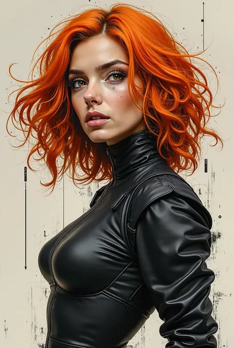 Illustration ultra réaliste dans le Style Patrice Garcia Noir et blanc, fond noir  dans le style de Leeloo Minaï vêtue Futuriste dans le film Le Cinquième Élément de Luc Besson, représentant une femme originale du futur aux cheveux oranges, 