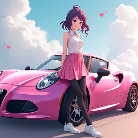 anime, alfa romeo 4c pink, collared white, pink skirt, black leggings, white shoes, smile, 