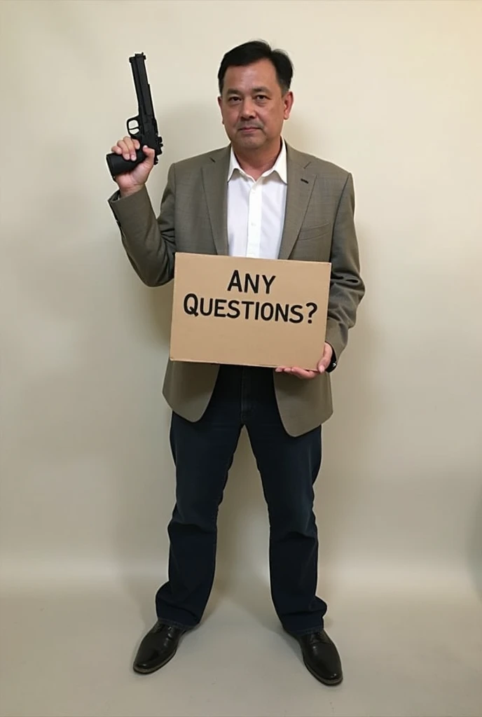 Imagine a man standing confidently against a plain background. In his left hand, he holds a sign or board that reads, "Any Questions?" in bold, clear letters. The board is rectangular and is made of a simple material like cardboard or wood. In his right ha...