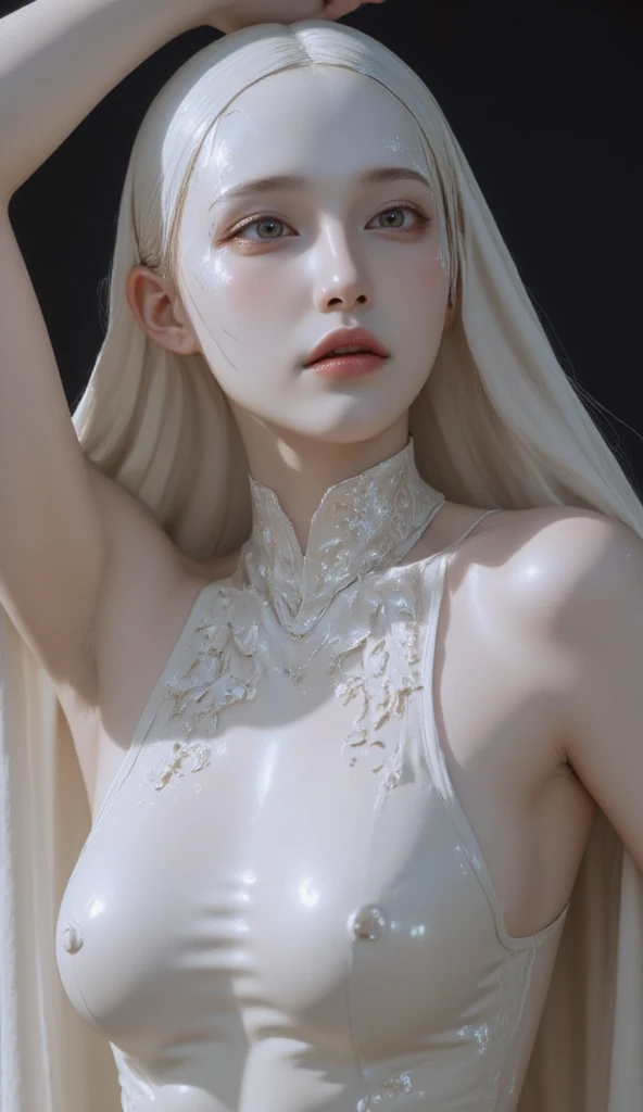 A close-up digital art piece by Adam Rex, featured on Reddit, showcases a woman posing in a minimalist style. She is dressed in a thin, smooth white leotard, which clings to her body like a second skin. The leotard, resembling a high-level Bodysuit, has a ...