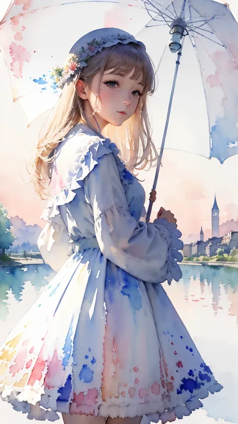 (masterpiece:1.2, Highest quality),(Very detailed),(((watercolor))),8K,wallpaper,Landscape of France,Banks of the Seine, yiung french girl with a parasol looking up at sky.