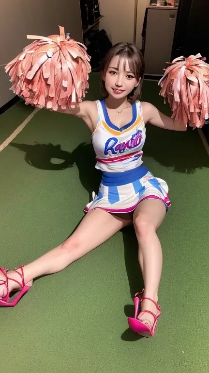 ((( shameful expression :1.5)))、((Kind Face:1.5))、(((cheerleader costume:1.5)))、(((spread legs:1.5)))、((stiletto heels:1.5)))、(( raise skirt yourself :1.4))、(( show your panties :1.2))、 short light brown hair 、 I can see the scenery of 。Beautiful woman wit...