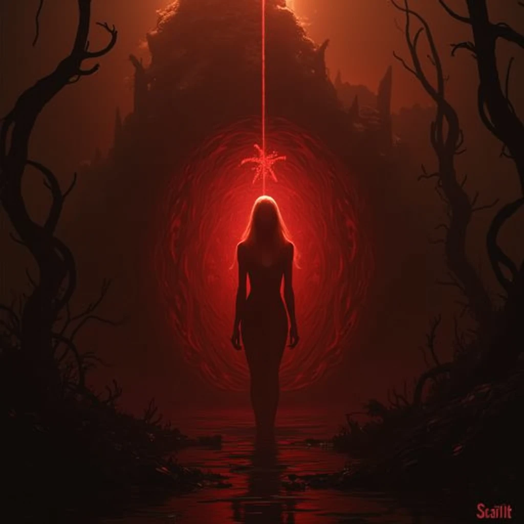 music album cover, scarlet flesh cocoon, woman inside cocoon, nightmarish environment, 8k cinematic light, dynamic, atmosphere, realistic, very high details