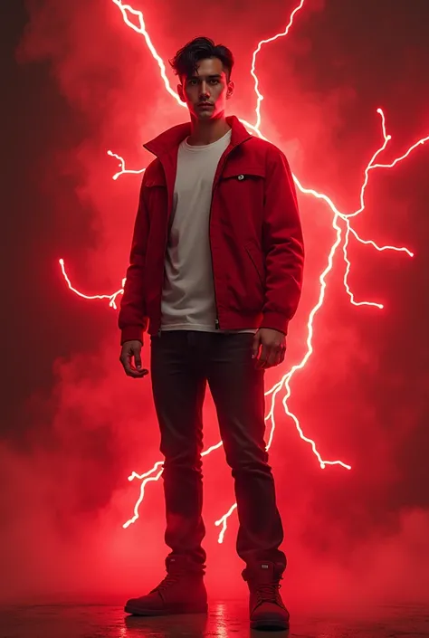 a man 30 years old with black short hair, pale skin, and black eyes, wearing a red jacket, white t-shirt, black jeans, and dark red shoes, surrounded by a red electric aura all around his body