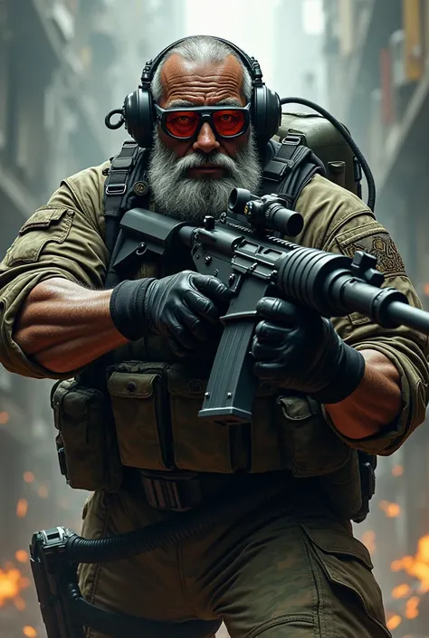 (a dark-skinned bearded fat muscular old man in a bulky army camouflage zipper diver suit) shooting with a gun, wearing scuba diver goggle and rebreather mouthpiece, wearing black combat glove, dynamic action pose, fierce expression, showcasing an imposing...