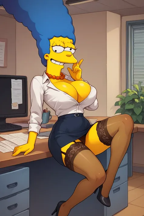 Marge Simpson very beautiful smiling with a super sexy body ((big breasts)) blue hair, with A secretary in a seductive outfit that includes a tight white blouse with a subtle neckline and a short black pencil skirt. She is wearing high heels, lace stocking...