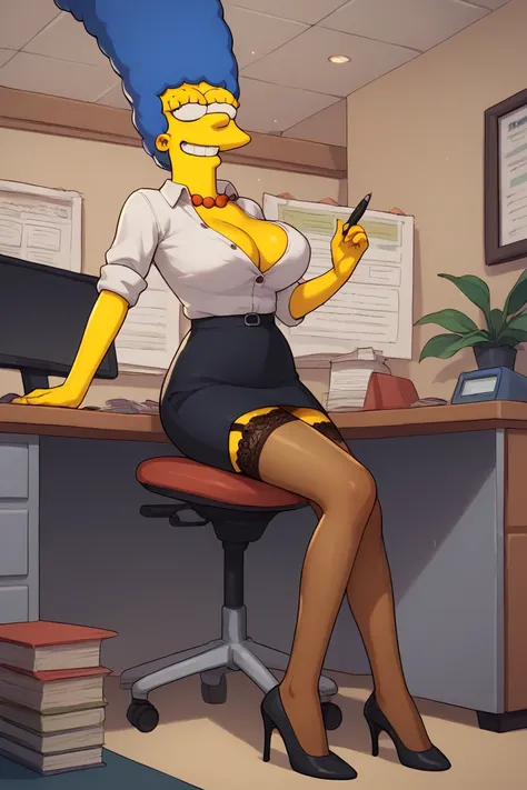 Marge Simpson very beautiful smiling with a super sexy body ((big breasts)) blue hair, with A secretary in a seductive outfit that includes a tight white blouse with a subtle neckline and a short black pencil skirt. She is wearing high heels, lace stocking...