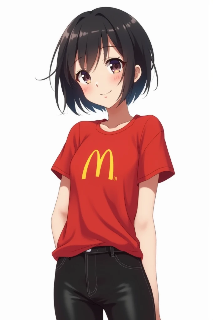 CREATE A FEMALE ANIME CHARACTER WITH WHITE SKIN SHORT BLACK HAIR MCDONALDS SHIRT BLACK PANTS WHITE BACKGROUND SMILING 