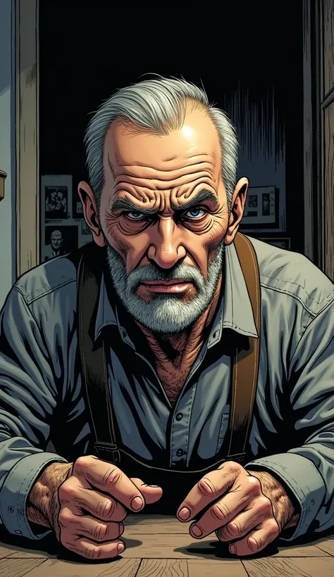  "An older man,  with an expression of shame and restrained anger , He is rising from the ground . He looks at his estranged son-in-law with heavy eyes and speaks with a mixed tone of voice of regret and frustration."   (Picture as comics  )