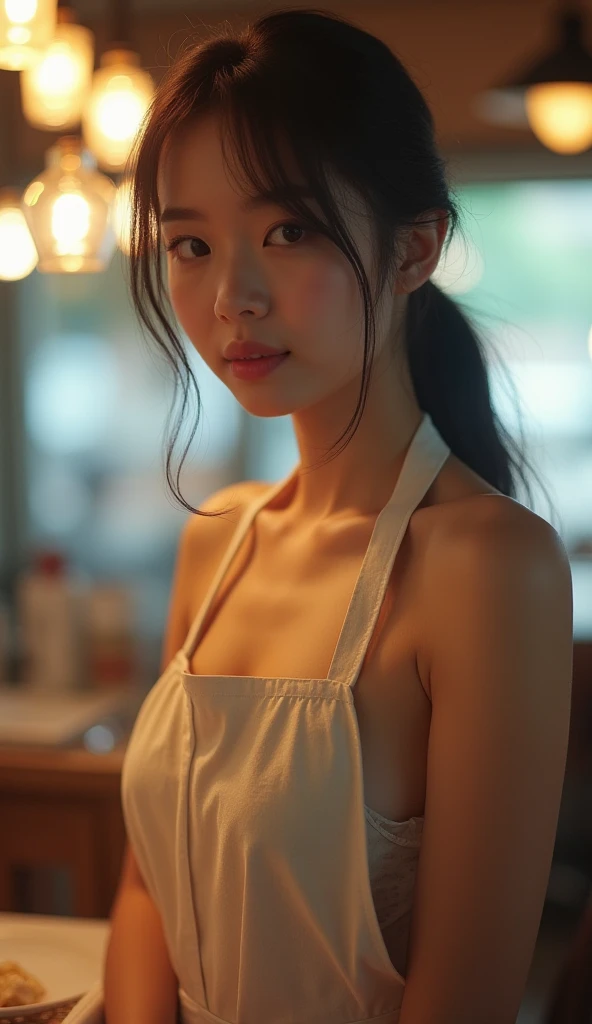      the most beautiful Japanese girl in the world works at a cafe,   chest visible  、 she is naked wearing an apron     ,   full body   、   Sooo slim girlfriend     ,   realist,     High Definition   , masterpiece,   number々 award   ,    ANATOMICALLY CORR...