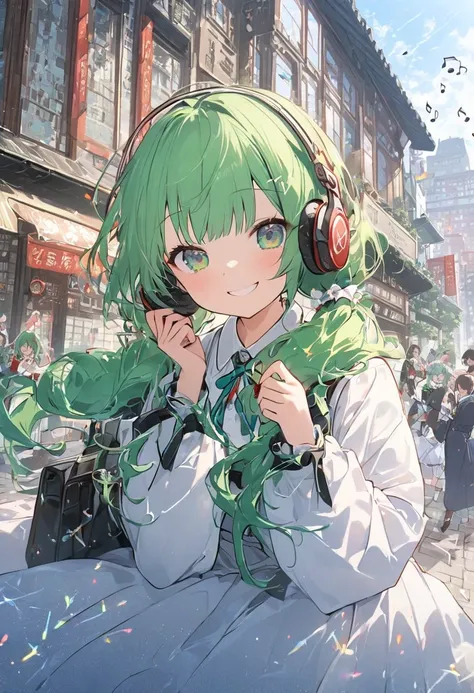 （masterpiece,） （  Details）、 High Quality 、 High Definition 、JK Costume、 school uniform、 One beautiful girl 、hatune friend, Long Twintail Hair 、 touching headphones with one hand、 green hair 、 green eyes、１８Age Girl、 ヘッドフォンをつけてlisten to music 、smile、Chinatow...