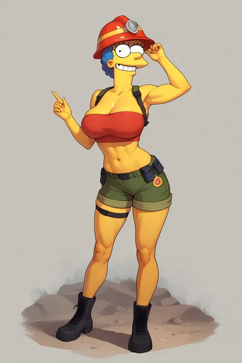 Marge Simpson very beautiful smiling with a super sexy body ((big breasts)) with A female firefighter in a provocative uniform, consisting of a red crop top with reflective details and straps, paired with tight shorts or a short skirt. She wears high comba...