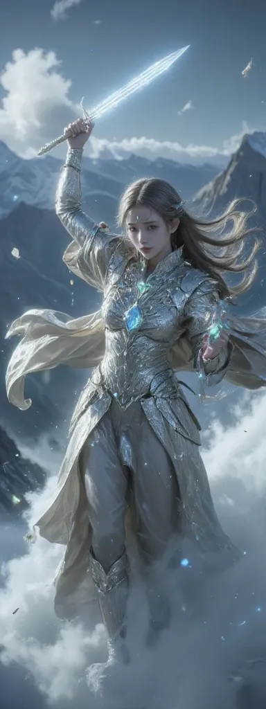 a woman in an ancient style dress, holding a cold ice sword with blue flames, dancing in the snow with long flowing hair, holding a silver long sword, adorned with jade jewels, confident smiling face, floating in the clouds with mountains in the background...