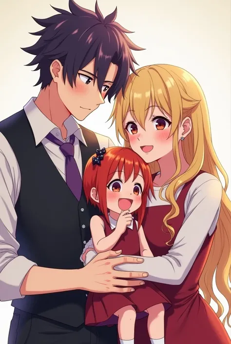 3 people,mother and father,laughter, anime style ,European Art ,father, 25-year-old male,tez blanca,dark red eyes, purple hair, messy hair , wavy hair ,dark eyes,camisa blanca, black vest,purple tie,long tie,thick eyebrows,brown eyeses, pierced ears clothi...