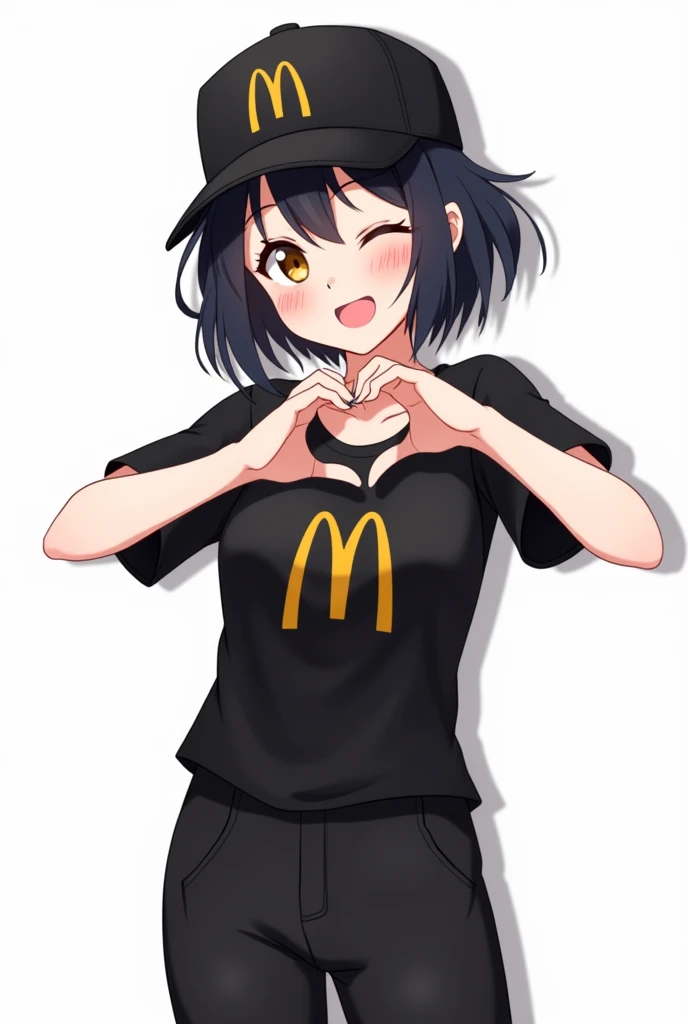  CREATE A FEMALE ANIME CHARACTER WITH WHITE SKIN SHORT BLACK HAIR MCDONALDS BLACK SHIRT, BLACK PANTS WHITE BACKGROUND SMILING MCDONALDS DARK CAP MAKING A HEART WITH HANDS AND EYES CLOSED 