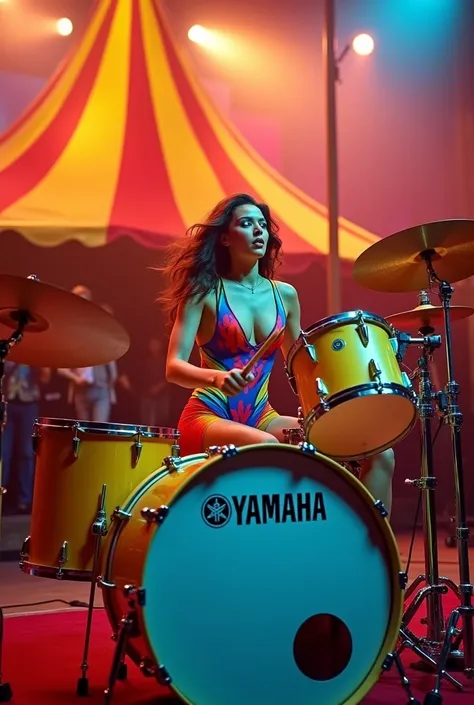 Nuria Roca playing a drum roll on a Yamaha acoustic drum set at the circus 