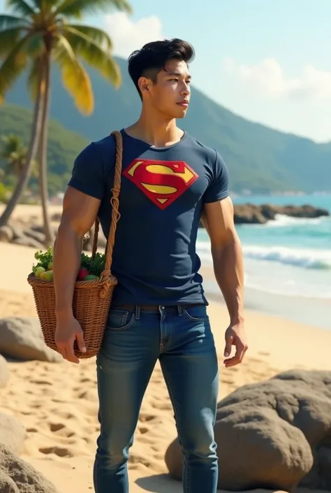 ภาพจริง,แสงธรรมชาติ, ((realistic daylight)) , Young Korean man in a navy fit t-shirt  logo superman  and jeans, A handsome, , with short hair, with shaved sides and a shorter top, similar to the fade or taper haircut style, (((Big arm muscles, tight breast...