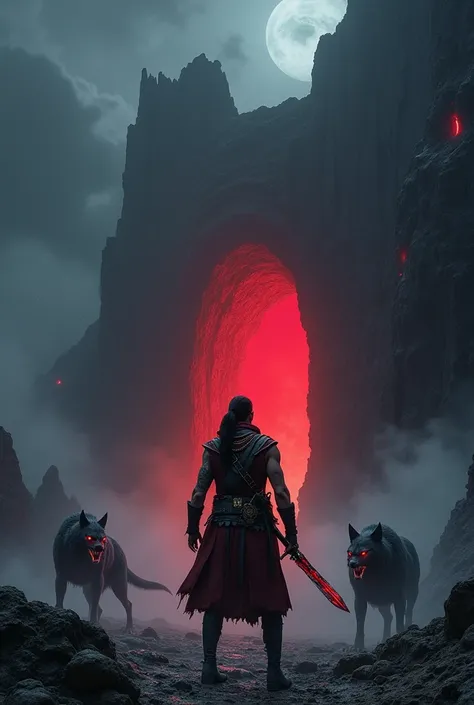 Wide shot of the A gripping dark fantasy scene set on a moonless, pitch-black night. The air is heavy with mist and dread, broken only by the blood-red glow of a massive gateway carved into a jagged mountain. Guarding this ominous portal are two monstrous ...