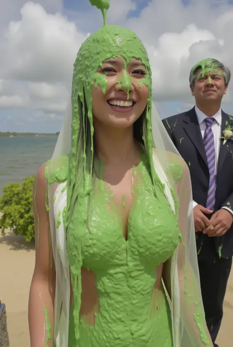 Wedding photograph. Korean teen covered in green water. Photorealistic. Wet liquid. Nasty slime. Raw photo. Wearing white wedding dress. Wearing wedding veil. Cleavage. outside tropical beach. Green Slime. Dripping green goo. 18 years old. Wet green liquid...