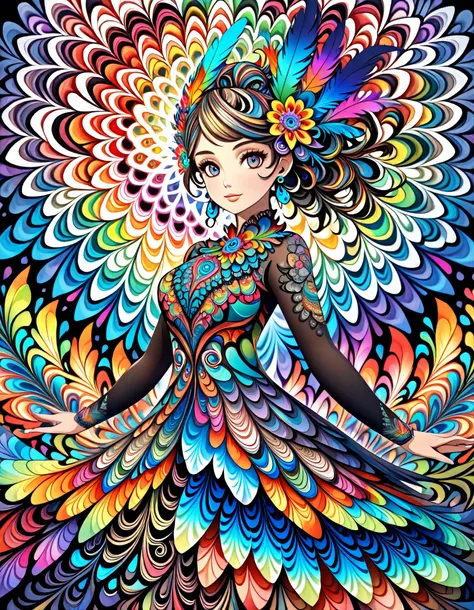 (official art, beautiful and aesthetic:1.2), (1girl:1.3),(fractal art:1.1),(colorful:1.1)(flowers:1.3),highest detailed,(zentangle:1.2), full body, (abstract background:1.3), (shiny skin), (many colors:1.4), ,(earrings), (feathers:1.5),