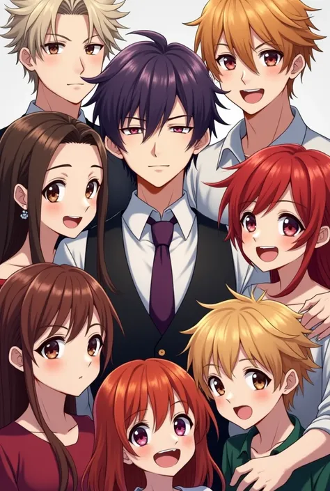 7 people,big family,mother and father,5 men,2 women,3 blond , 1 brown-haired , 1 red-haired , 2 redheads,laughter, anime style ,European Art ,father, 25-year-old male,tez blanca,dark red eyes, purple hair, messy hair ,cabello wavy,dark eyes,camisa blanca, ...