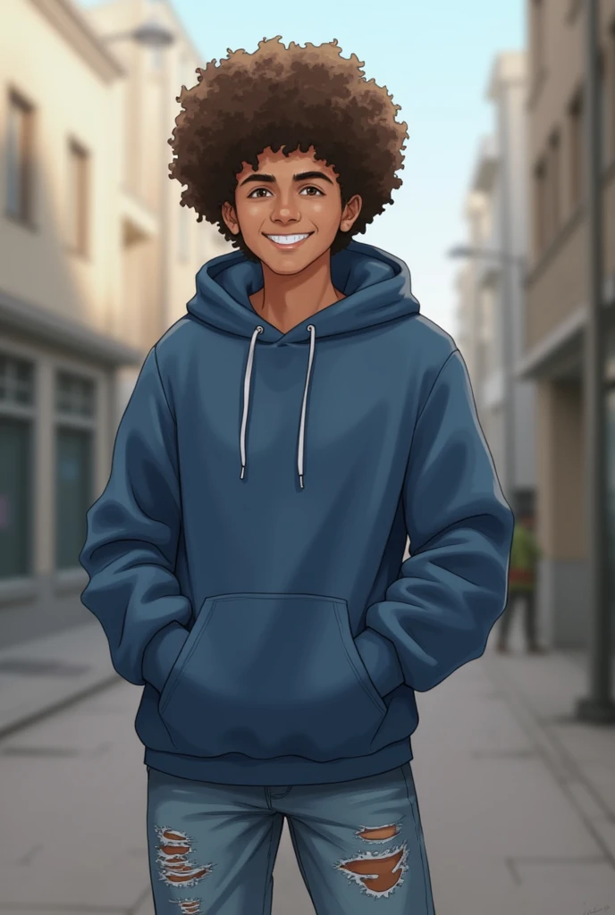 1boy, male_focus, hood, jeans, realistic, denim, afro, smile, solo, pants, hoodie, blurry_background, facial_hair, blurry, hands_in_pockets, outdoors, curly_hair, torn_pants, looking_at_viewer, brown_hair, torn_clothes, torn_jeans, blue_hoodie, teeth, grin