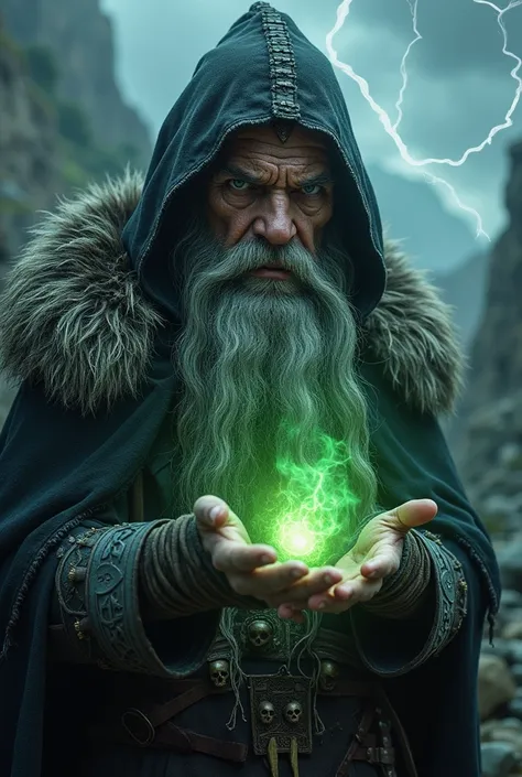 Create an ultra-realistic portrait of a terrifying Viking sorcerer, captured in a moment of dark, mystical power. The sorcerer has a weathered, ancient face with deep lines and scars that tell the story of countless battles and dark rituals. His piercing, ...