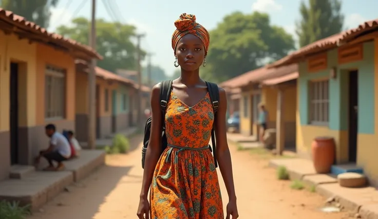 Je veux limage dune jeune fille africaine de 19 ans environ qui sort de la maison pour se rendre à luniversité avec son foulard bien attaché sur sa tête.