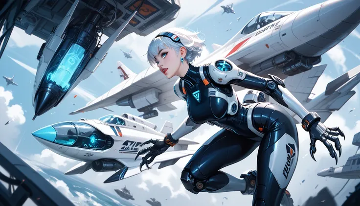 wide angle,18+ figures, a vampire with icy blue eyes, short silver hair with dark underlayers, and sharp cybernetic claws. She wears a jet-black layered futuristic mini suit with glowing blue veins, She clings to the exterior of a massive spaceship, her cl...