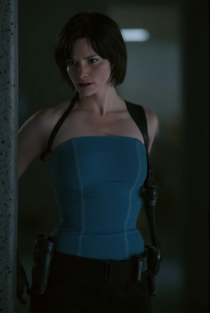 Sienna Guillory as Jill Vlentine from movie Resident Evil Apocalypse, "Black Hair", blue top, short skirt., "view portrait". She is facing sideways. The background of the image is dark, with fog.