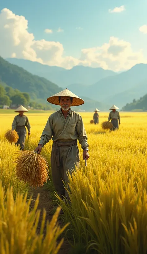 Realistic images of farmers harvesting rice in a wide field