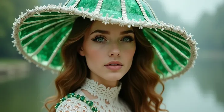 Real photo of a real 21-year-old Italian girl with a lot of makeup ,  long brown hair wavy wearing a metal hat inspired by a glass watermelon with white and green emeralds and white lace weaves,  and a dress made of metal and plastic futuristic science-fic...