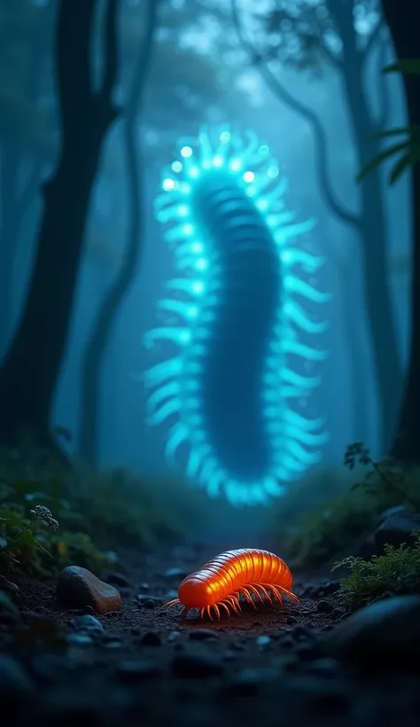 A photorealistic image of a small, orange millipede positioned in the foreground of a dark, mystical forest, its delicate, segmented body captured in intricate detail. The millipede, humble and ordinary, is surrounded by soft, subtle lighting that highligh...