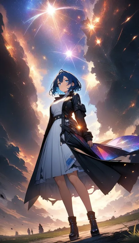 (masterpiece,  top quality ,  Official Art :1.2), ( colorful ),  perfect anatomy, One Girl , front view。 Shorthair。Blue hair color。Late Night。 grassland。 (Collision of stars:1.3) Ultra Precise Illustration ,  elaborately drawn down to the smallest detail ,...