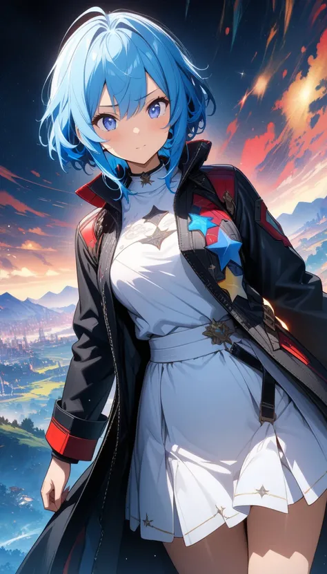 (masterpiece,  top quality ,  Official Art :1.2), ( colorful ),  perfect anatomy, One Girl , front view。 Shorthair。Blue hair color。Late Night。 grassland。 (Collision of stars:1.3) Ultra Precise Illustration ,  elaborately drawn down to the smallest detail ,...