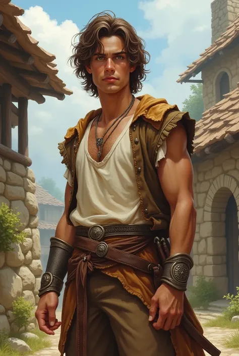 Dans un univers heroic fantasy, un jeune homme de 18 ans, forgeron dans un petit village. Il est de taille moyenne, a des cheveux mi long ondulés châtains, des yeux bruns, le teint mat. Il est vêtu dune chemise beige, dun pantalon de toile Maron.