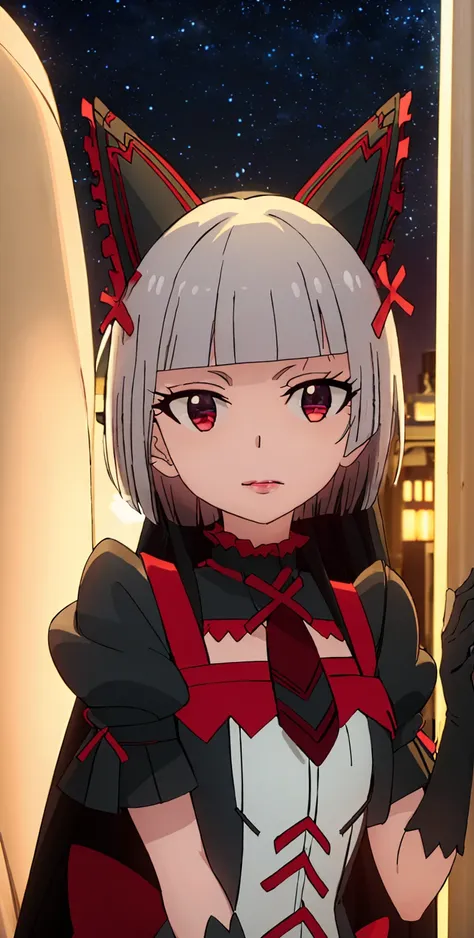 Rory Mercury, Rory Mercury,  white colored hair, blunt bangs, Bob haircut, hair ornament, red lipstick, hairlong, cute face, makeup,, (red eyes:1.5), BREAK Gothic underwear, the perfect body,full growth, red shoes,Black Stockings, Black Gloves , black thig...