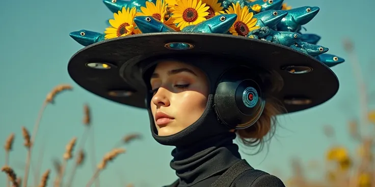  Realistic photo of a 30-year-old Italian girl , Capelli Mori in a helmet , occhi marroni, with a very large hat in the shape of a black bowl with large holes and futuristic science-fiction exaggerated with yellow and blue flowers and adorned with lots of ...