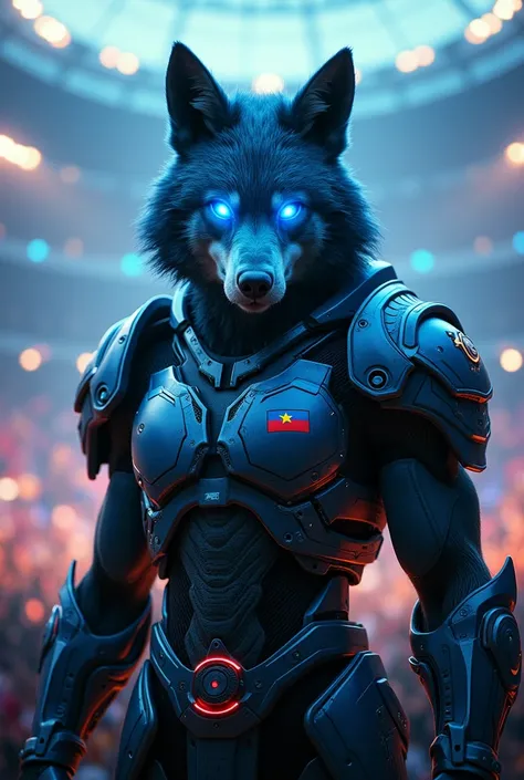 A cyberpunk wolf warrior with glowing blue eyes and electric blue lights, wearing a futuristic metallic armor with intricate details, featuring a small Vietnamese flag emblem on the chest, standing in a massive stadium filled with cheering fans, vibrant an...