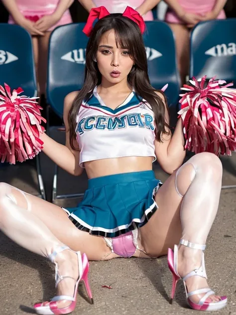 ((( shameful expression :1.5)))、((Kind Face:1.5))、(((cheerleader costume:1.5)))、(((spread legs:1.5)))、((stiletto heels:1.5)))、(( raise skirt yourself :1.4))、(( show your panties :1.2))、((masterpiece)),  top quality ,    doing a prank ,   eyeshadow,   upper...