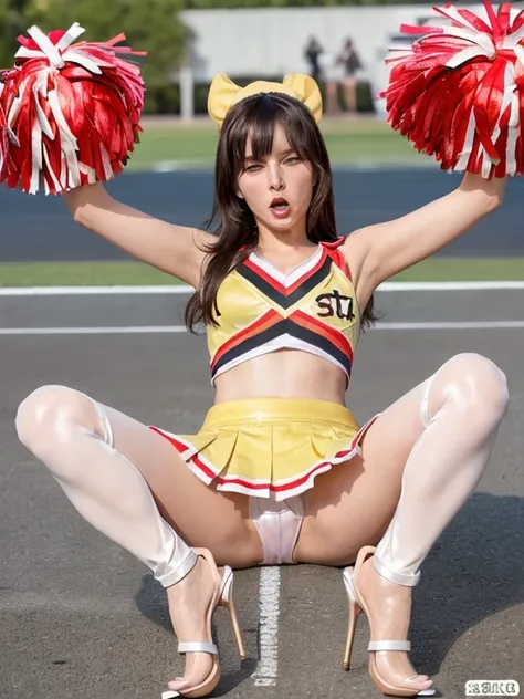 ((( shameful expression :1.5)))、((Kind Face:1.5))、(((cheerleader costume:1.5)))、(((spread legs:1.5)))、((stiletto heels:1.5)))、(( raise skirt yourself :1.4))、(( show your panties :1.2))、((masterpiece)),  top quality ,    doing a prank ,   eyeshadow,   upper...