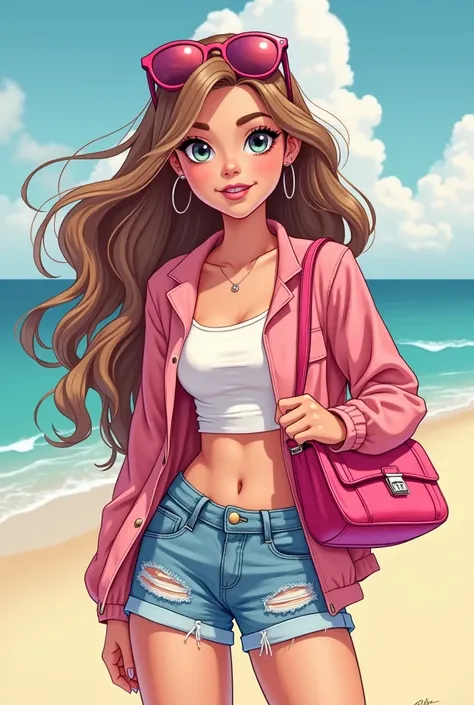  teenager girl named Leonie friendly smile beautiful long hair is totally cool cute summer outfit pink lips colorful hair stylish fingernails cool teenager girl wears a pink bag totally stylish wears cool accessories niedlicher cartoon 