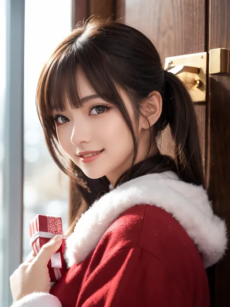 ((masterpiece)), ((best quality)), (ultra-detailed), ((kawaii)), cute, (lovely), ((extremely detailed)), 4K, (8K), best quality, (beautiful), illustration, ((face close up)), a cute woman Santa Claus, Santa  Claus costume, holding gifts, smiling warmly, st...