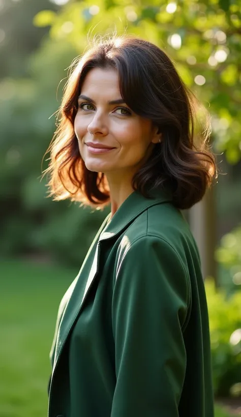 A woman in her late 30s with medium-length brown hair, wearing a stylish green jacket, standing in a lush garden, soft sunlight filtering through trees.