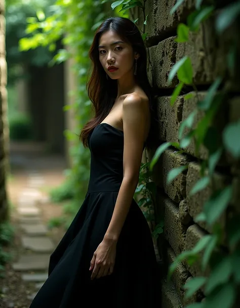 shot of a sexy asian woman with a confident yet mysterious expression leaning against an old stone wall covered in ivy, her flowing black sexy dress in stark contrast to the old stones, in dappled light coming through the tree canopy, shot with Leica Q2, 2...