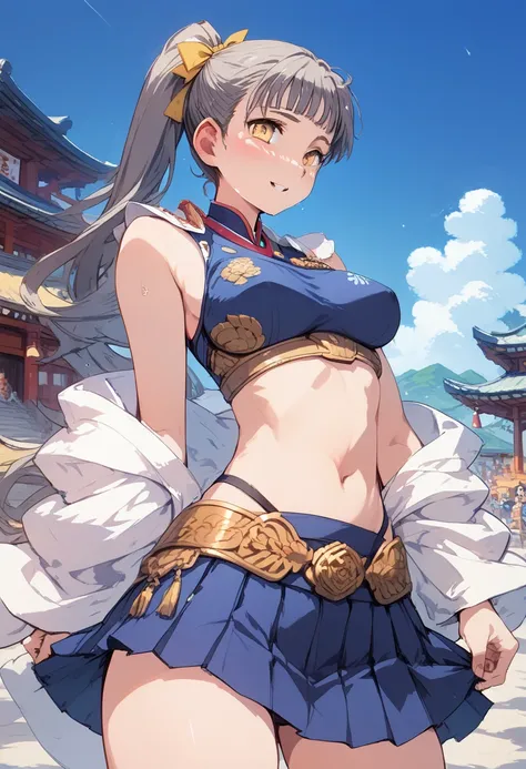 pt，pt，pt，pt，Japan，japanese style，（ top quality ，4K，8k），pt、 ponytail，modern fantasy fashion，A scene from an anime，cool scene ， pleated skirt，Belly button， sleeveless tops ， asymmetrical design outfit，long yellow ribbon ， girl standing on an otherworldly pra...