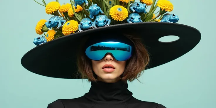  Realistic photo of a 30-year-old Italian girl , Capelli Mori in a helmet , occhi marroni, with a very large hat in the shape of a black bowl with big holes and an exaggerated science-fiction futurist with yellow and blue flowers and adorned with lots of f...